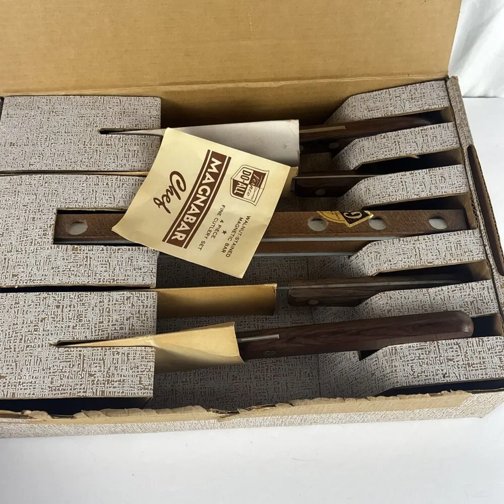 Vernco Do All Magnabar Chef 4 Pc Fine Cutlery Walnut Stained New Open Box Vtg